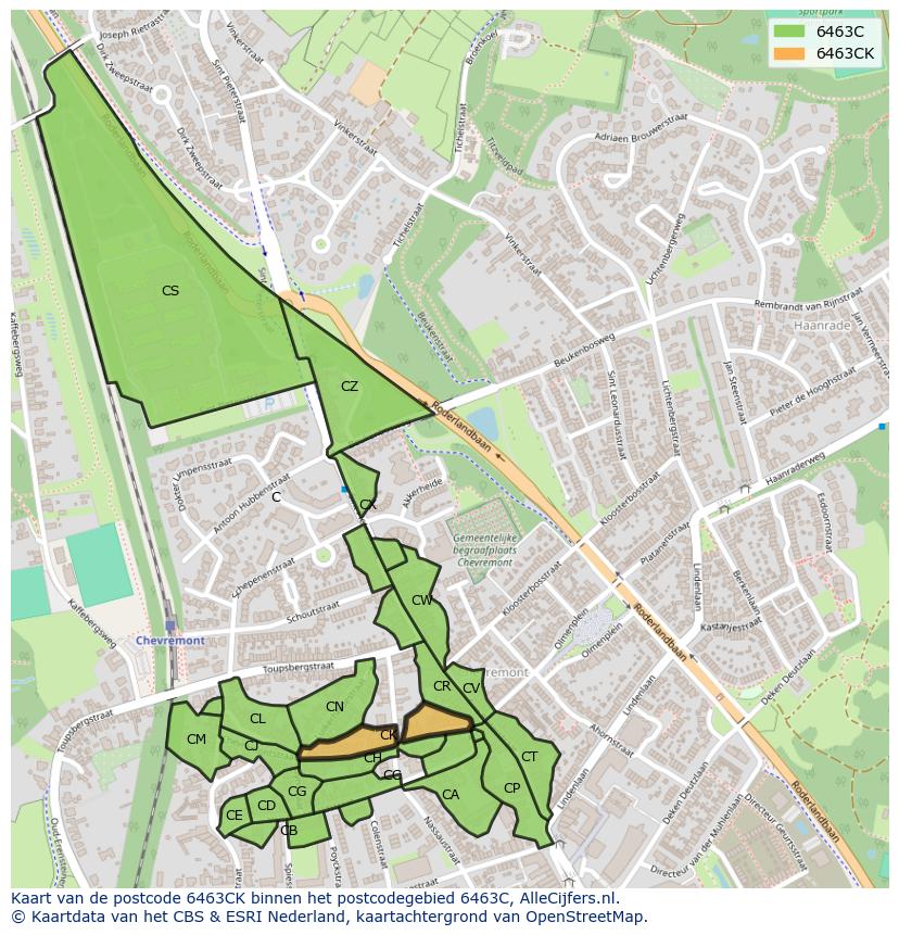 Afbeelding van het postcodegebied 6463 CK op de kaart.