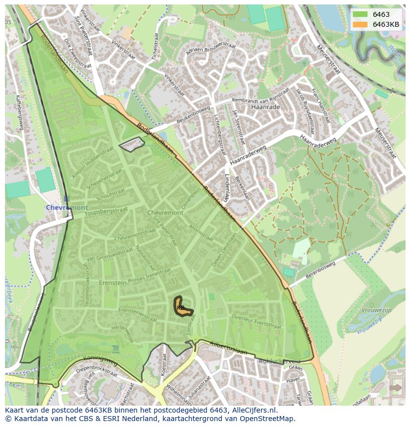 Afbeelding van het postcodegebied 6463 KB op de kaart.