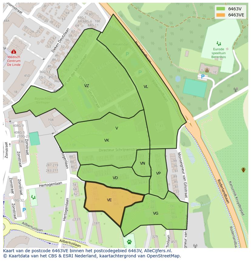 Afbeelding van het postcodegebied 6463 VE op de kaart.