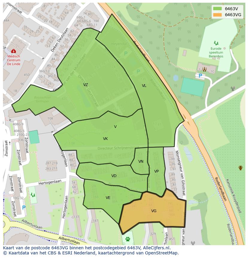 Afbeelding van het postcodegebied 6463 VG op de kaart.