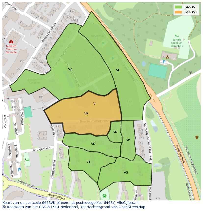 Afbeelding van het postcodegebied 6463 VK op de kaart.