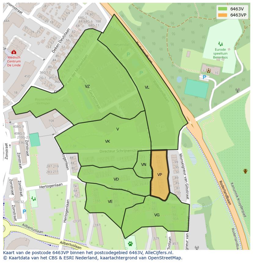 Afbeelding van het postcodegebied 6463 VP op de kaart.