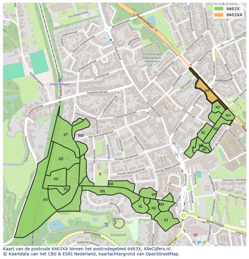 Afbeelding van het postcodegebied 6463 XA op de kaart.