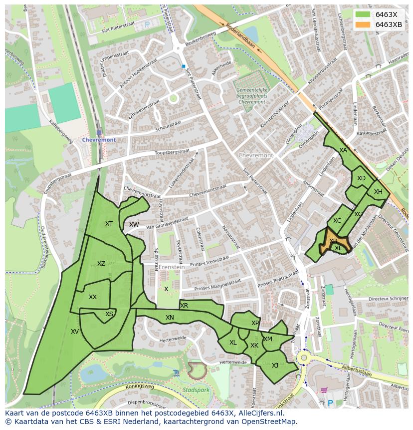 Afbeelding van het postcodegebied 6463 XB op de kaart.