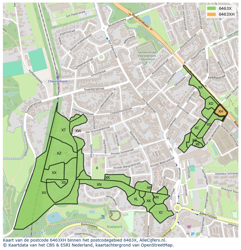 Afbeelding van het postcodegebied 6463 XH op de kaart.