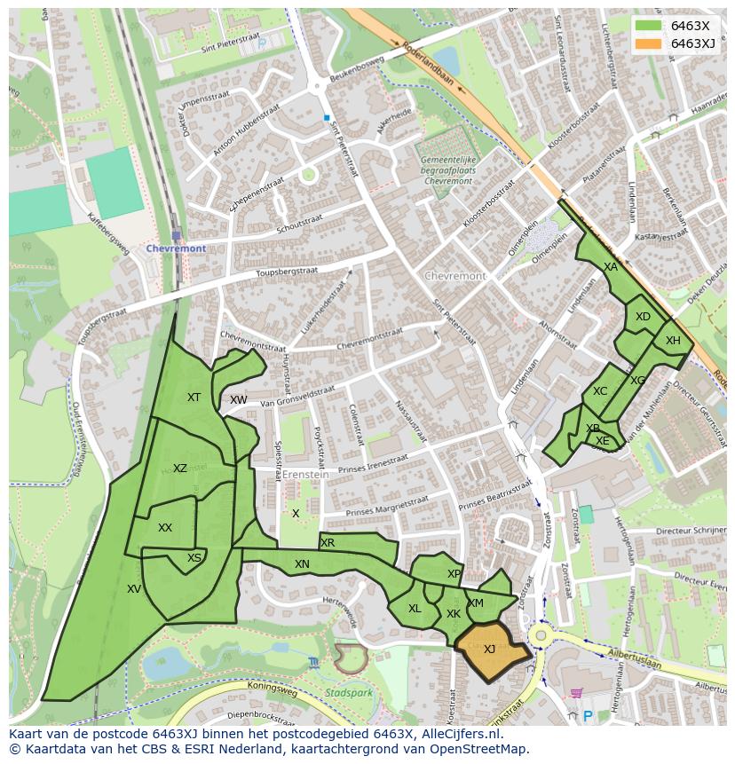 Afbeelding van het postcodegebied 6463 XJ op de kaart.