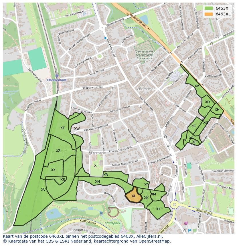 Afbeelding van het postcodegebied 6463 XL op de kaart.