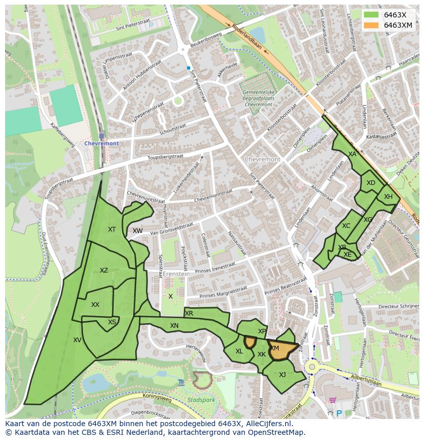 Afbeelding van het postcodegebied 6463 XM op de kaart.