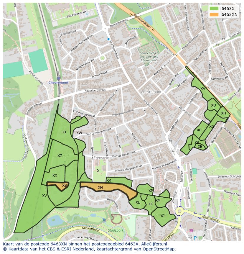 Afbeelding van het postcodegebied 6463 XN op de kaart.