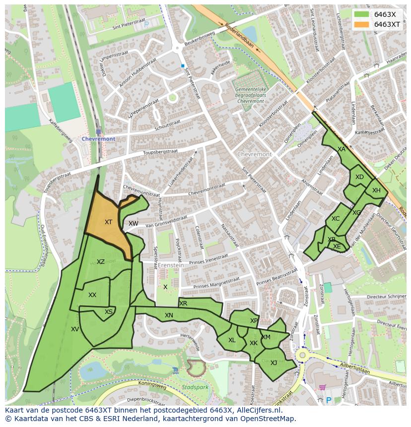 Afbeelding van het postcodegebied 6463 XT op de kaart.