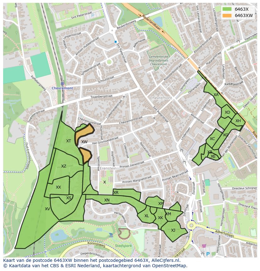 Afbeelding van het postcodegebied 6463 XW op de kaart.