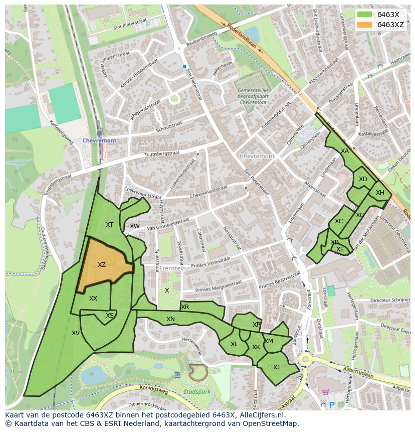 Afbeelding van het postcodegebied 6463 XZ op de kaart.