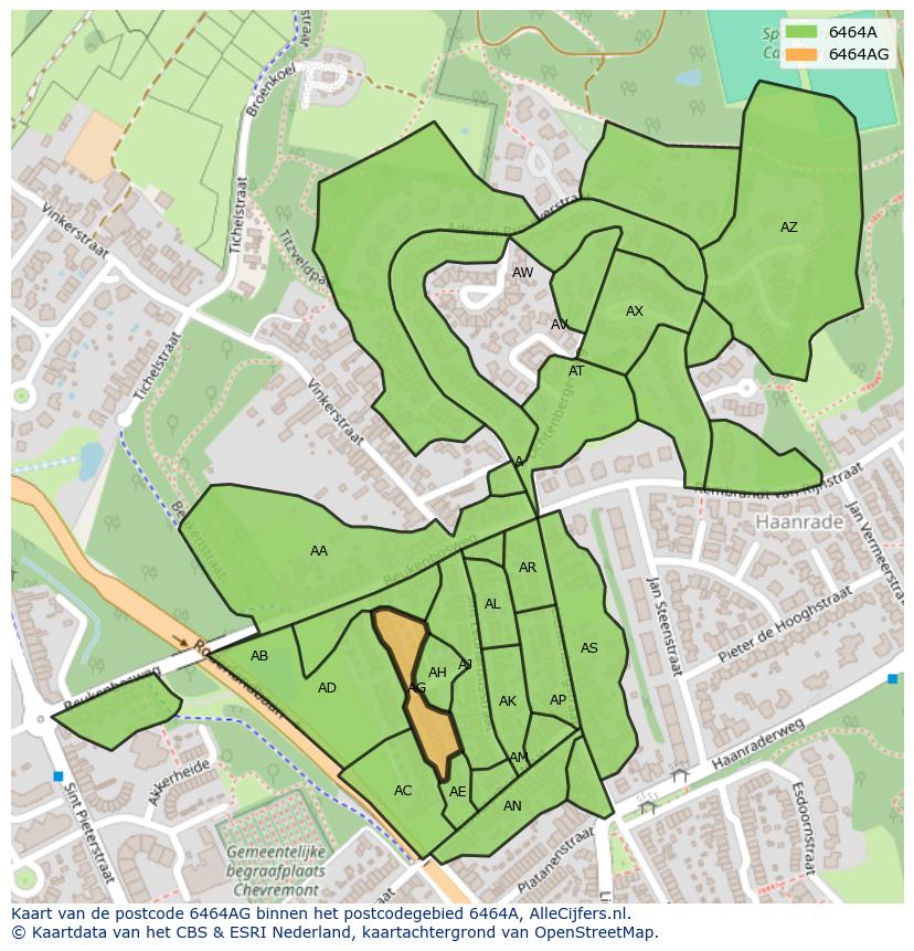 Afbeelding van het postcodegebied 6464 AG op de kaart.