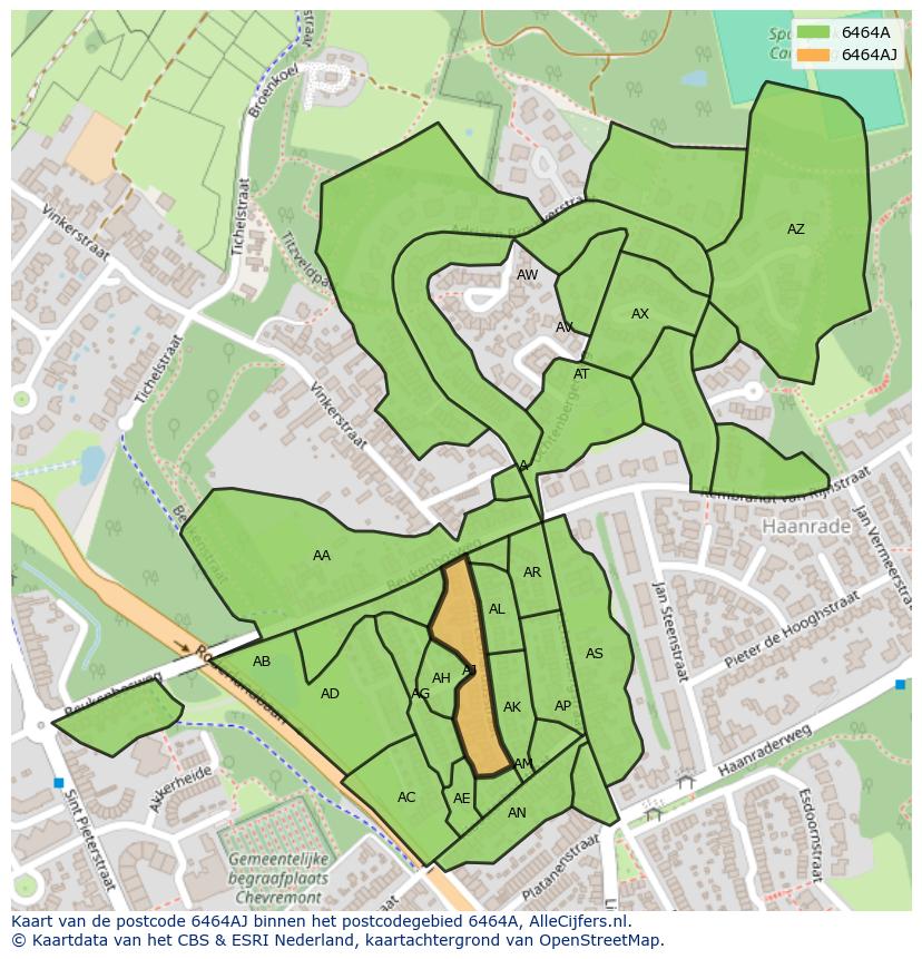 Afbeelding van het postcodegebied 6464 AJ op de kaart.