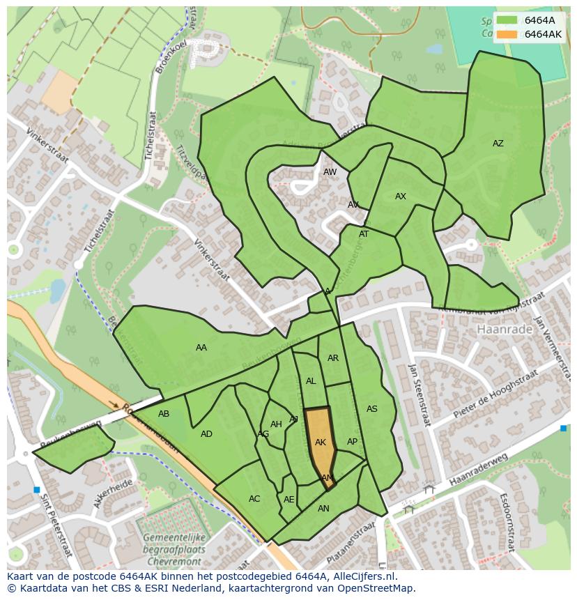 Afbeelding van het postcodegebied 6464 AK op de kaart.