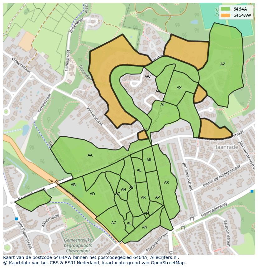 Afbeelding van het postcodegebied 6464 AW op de kaart.