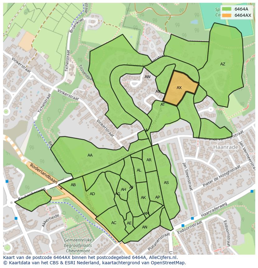 Afbeelding van het postcodegebied 6464 AX op de kaart.