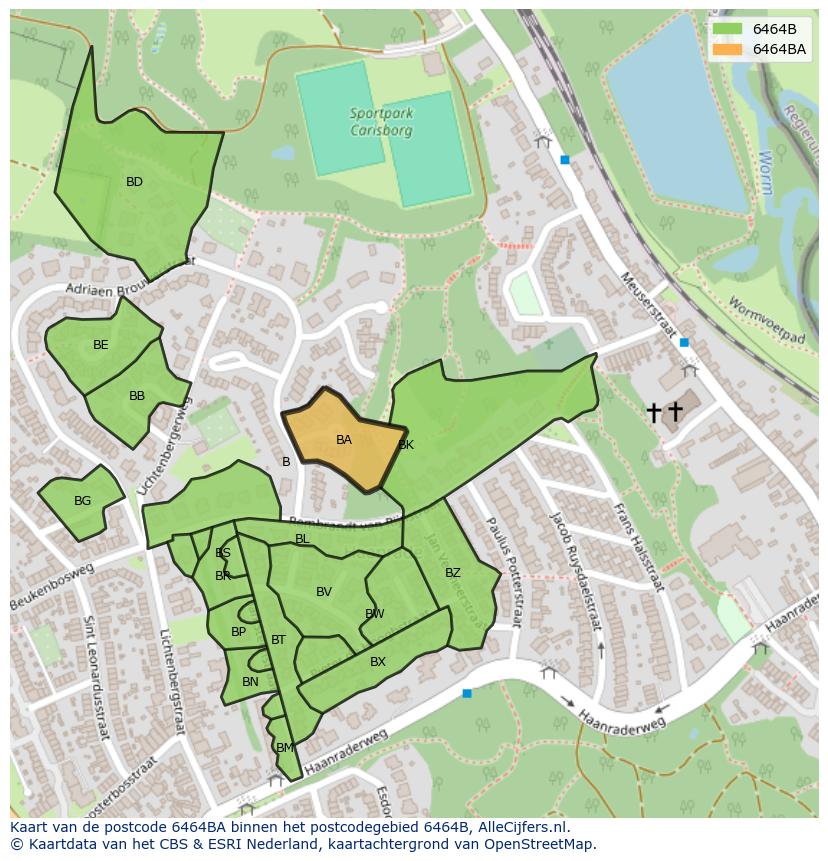Afbeelding van het postcodegebied 6464 BA op de kaart.
