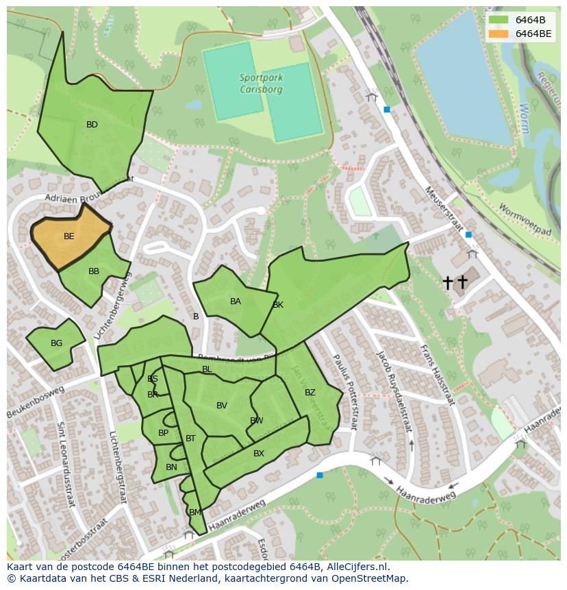 Afbeelding van het postcodegebied 6464 BE op de kaart.