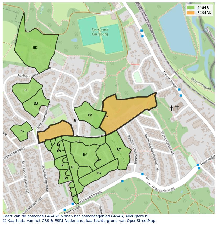 Afbeelding van het postcodegebied 6464 BK op de kaart.