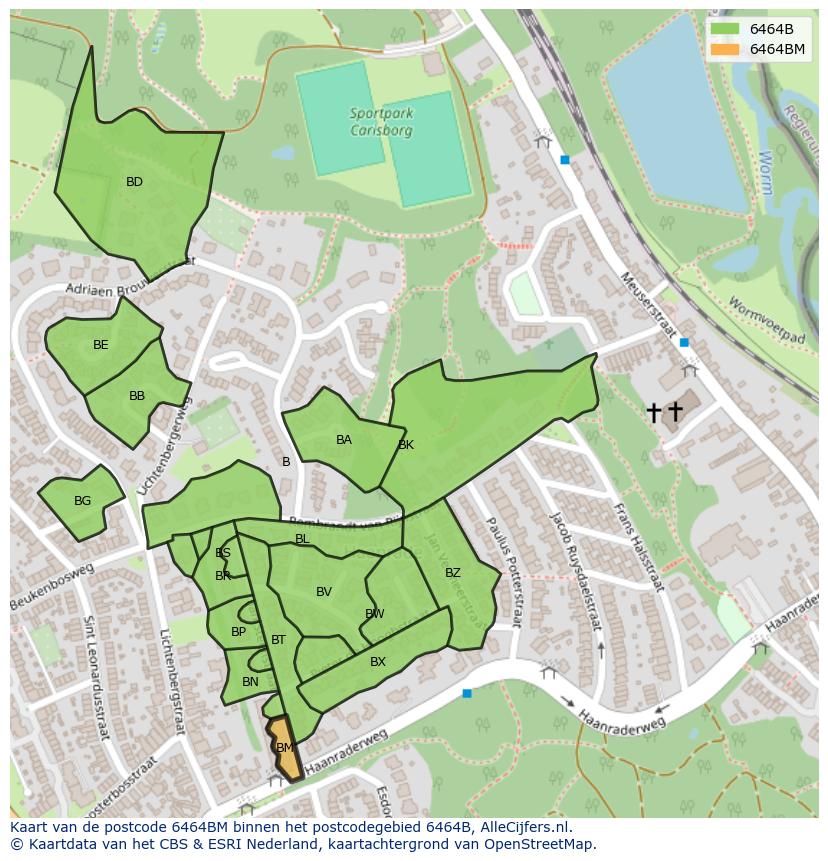 Afbeelding van het postcodegebied 6464 BM op de kaart.