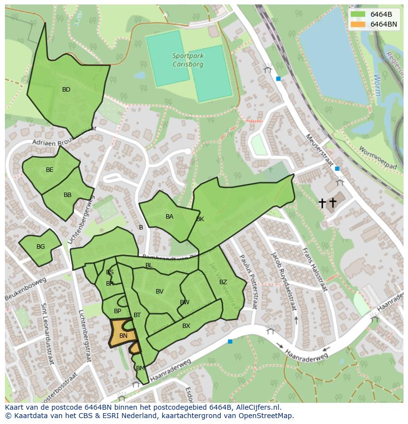 Afbeelding van het postcodegebied 6464 BN op de kaart.