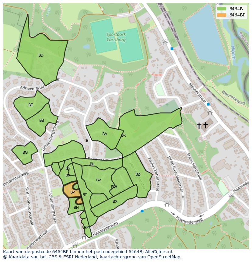Afbeelding van het postcodegebied 6464 BP op de kaart.