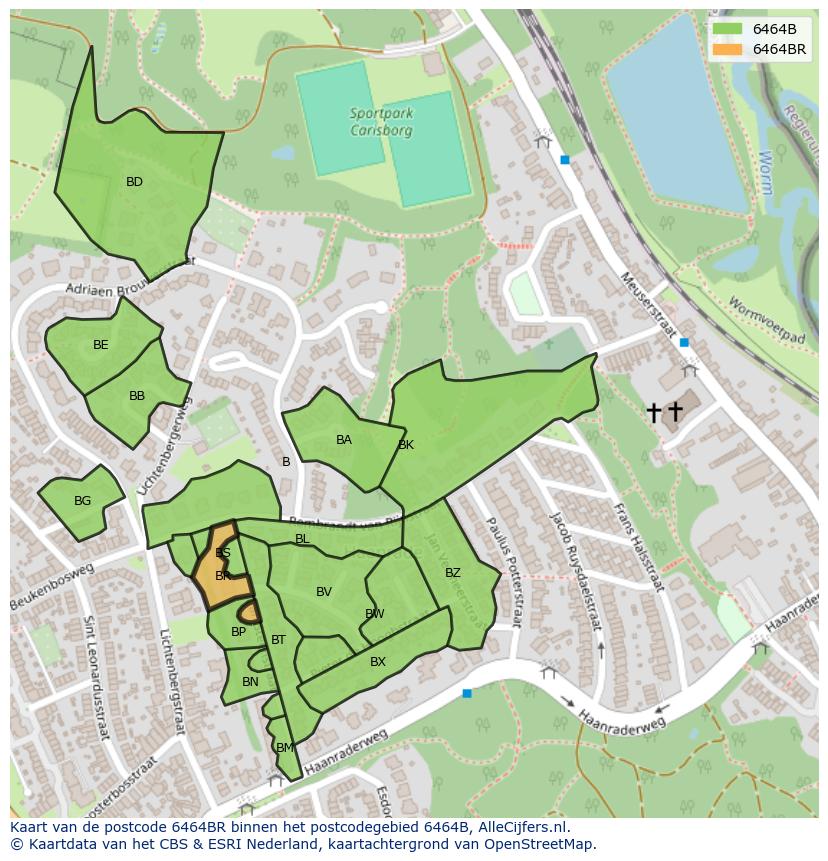 Afbeelding van het postcodegebied 6464 BR op de kaart.