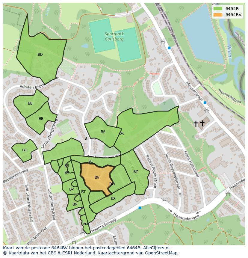 Afbeelding van het postcodegebied 6464 BV op de kaart.