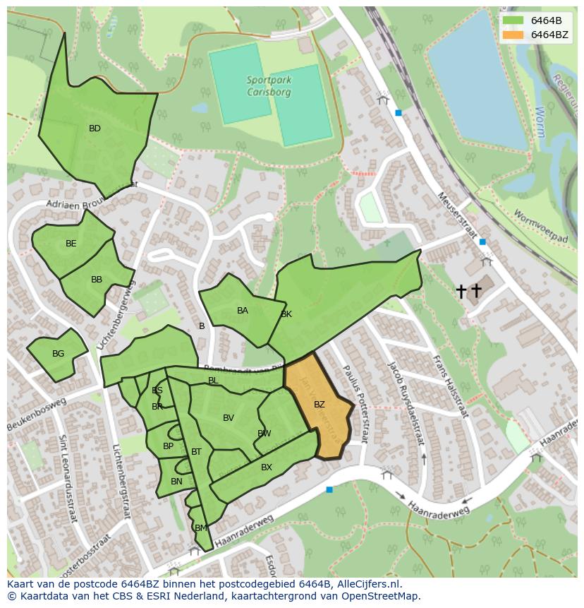 Afbeelding van het postcodegebied 6464 BZ op de kaart.
