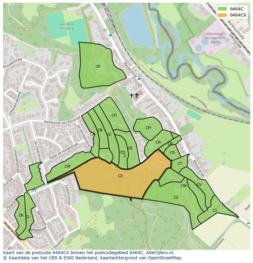 Afbeelding van het postcodegebied 6464 CX op de kaart.