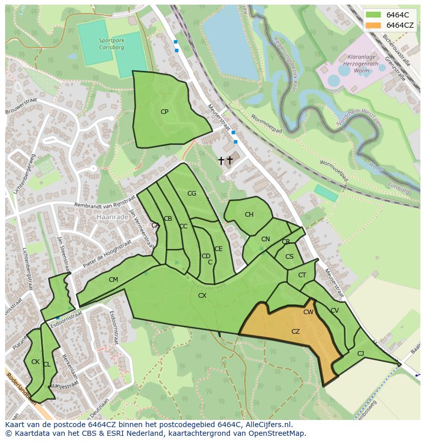Afbeelding van het postcodegebied 6464 CZ op de kaart.