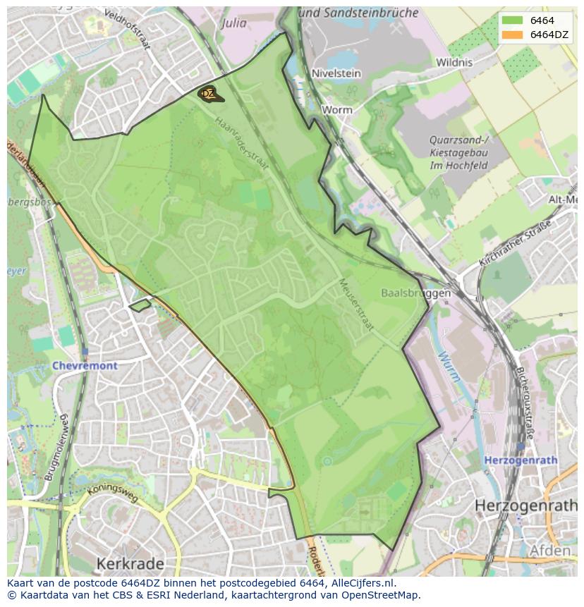 Afbeelding van het postcodegebied 6464 DZ op de kaart.