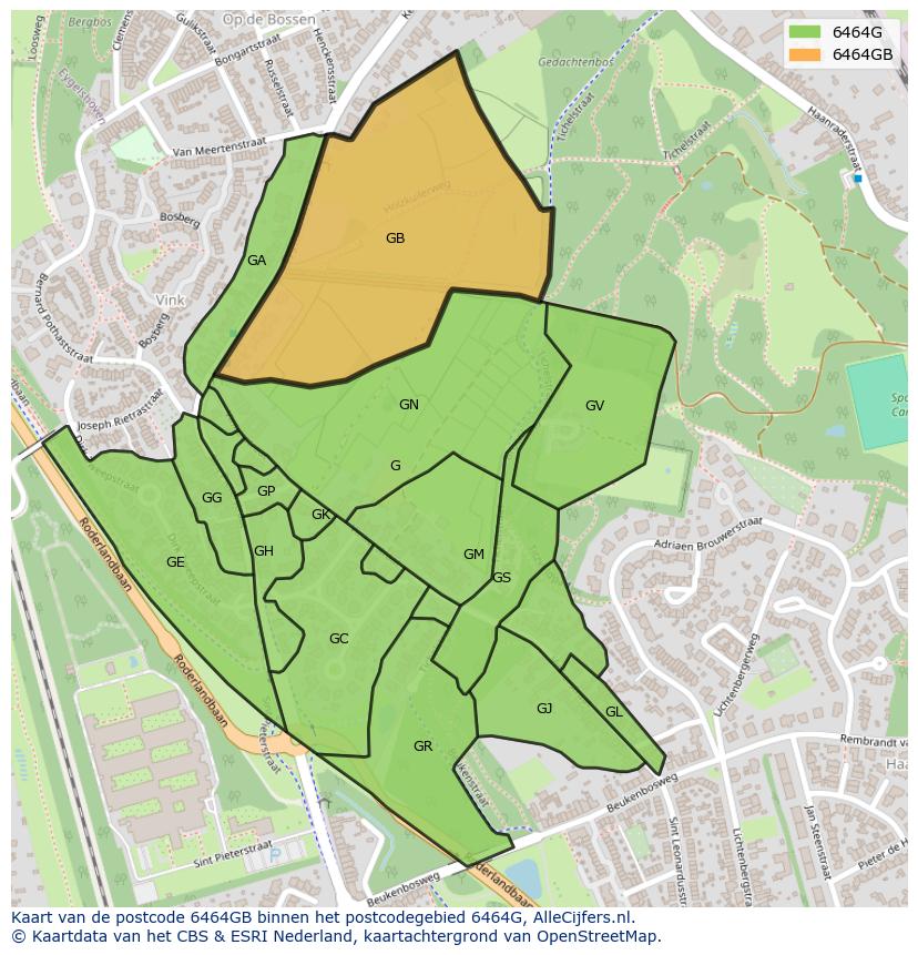 Afbeelding van het postcodegebied 6464 GB op de kaart.