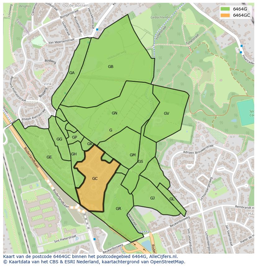 Afbeelding van het postcodegebied 6464 GC op de kaart.