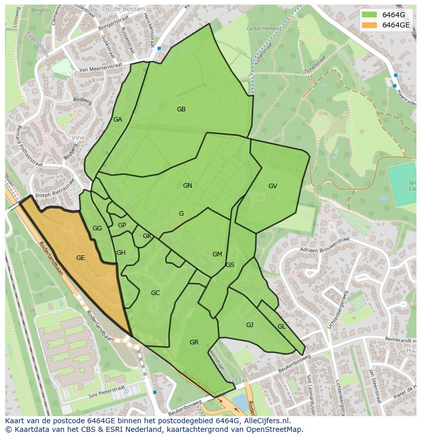Afbeelding van het postcodegebied 6464 GE op de kaart.