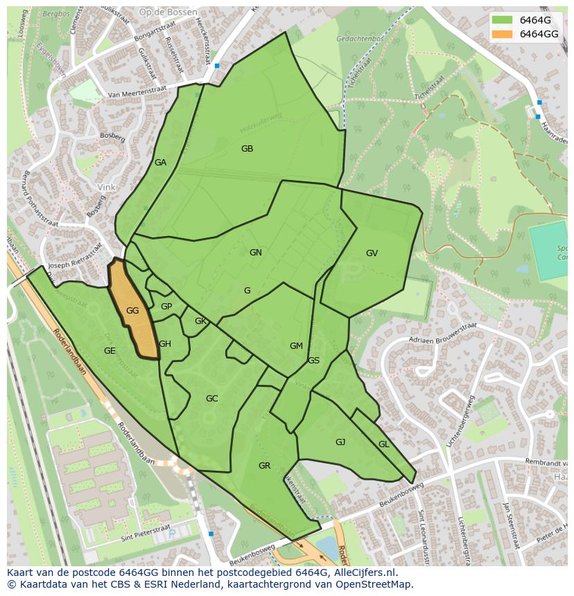 Afbeelding van het postcodegebied 6464 GG op de kaart.