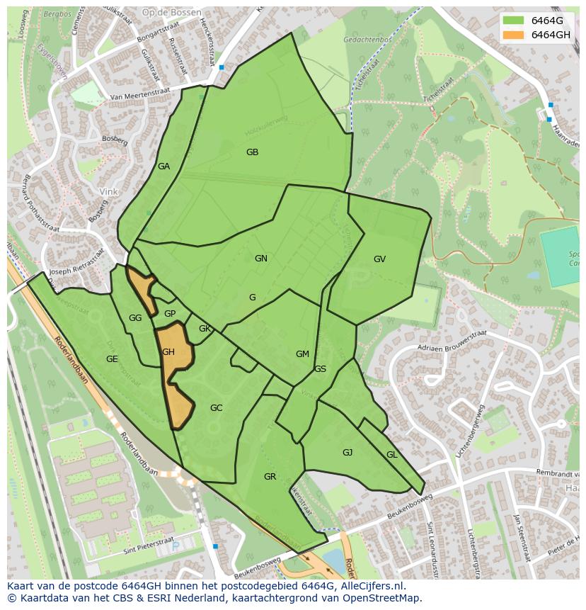 Afbeelding van het postcodegebied 6464 GH op de kaart.