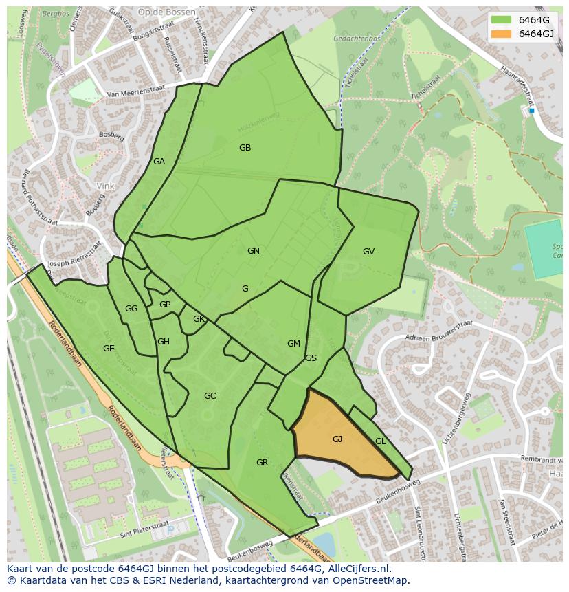 Afbeelding van het postcodegebied 6464 GJ op de kaart.