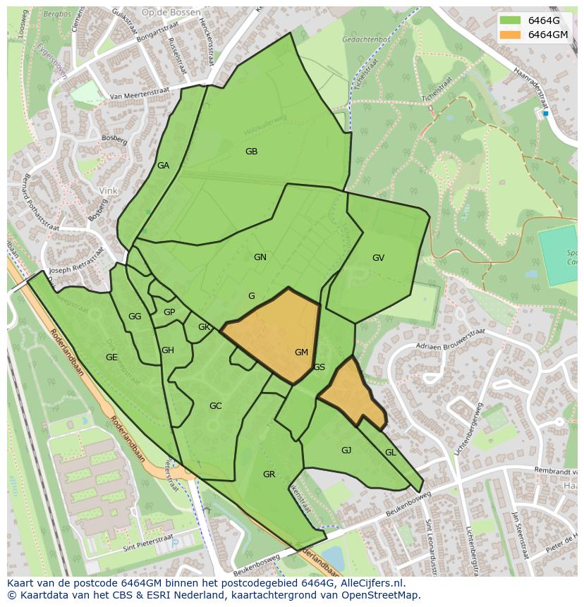Afbeelding van het postcodegebied 6464 GM op de kaart.