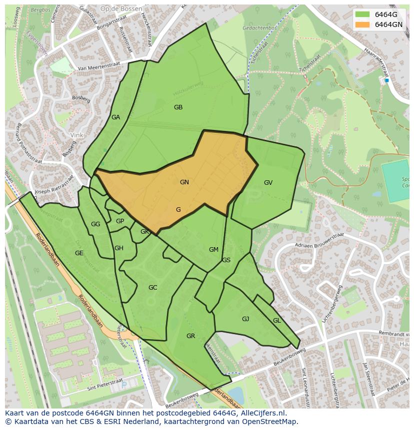 Afbeelding van het postcodegebied 6464 GN op de kaart.