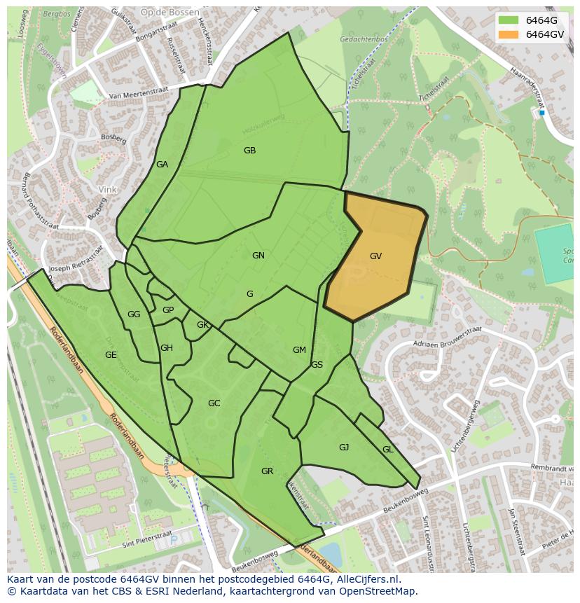 Afbeelding van het postcodegebied 6464 GV op de kaart.