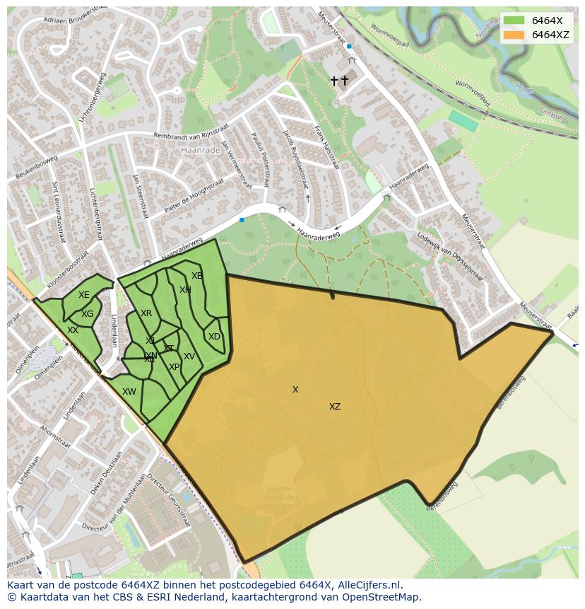 Afbeelding van het postcodegebied 6464 XZ op de kaart.