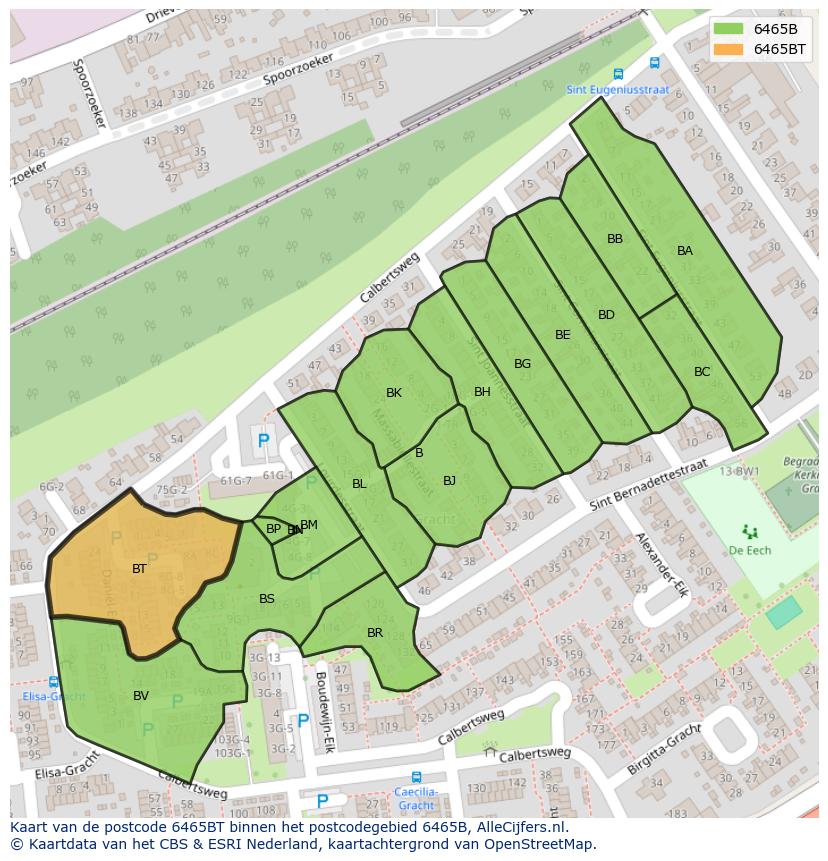 Afbeelding van het postcodegebied 6465 BT op de kaart.