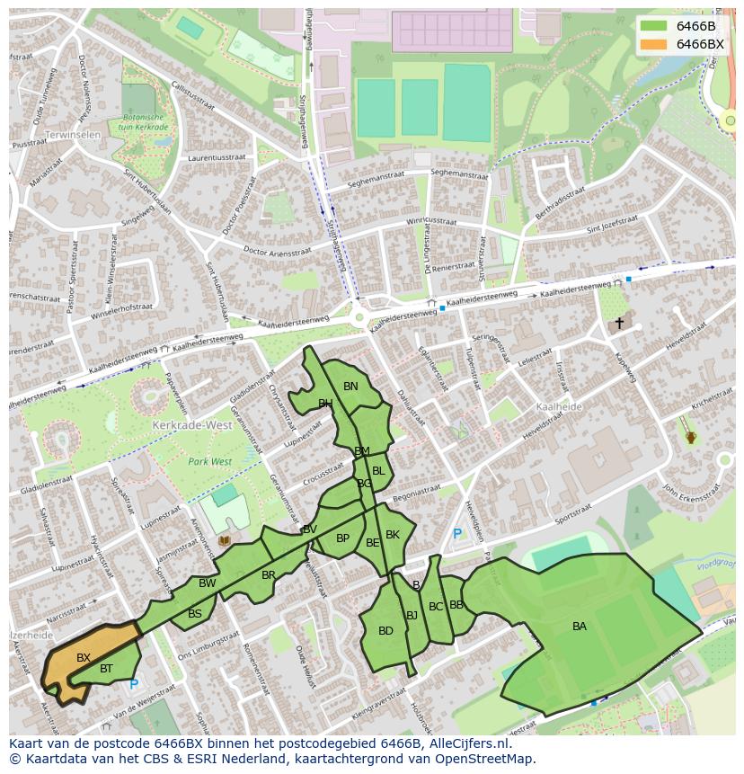 Afbeelding van het postcodegebied 6466 BX op de kaart.