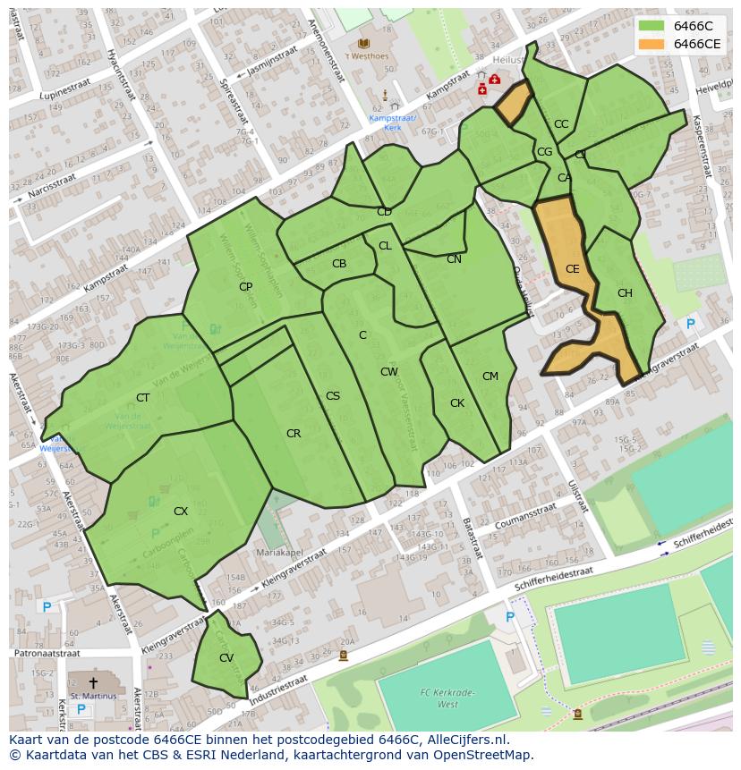 Afbeelding van het postcodegebied 6466 CE op de kaart.