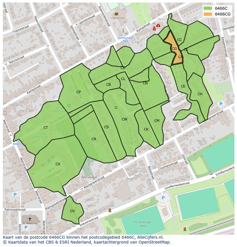 Afbeelding van het postcodegebied 6466 CG op de kaart.
