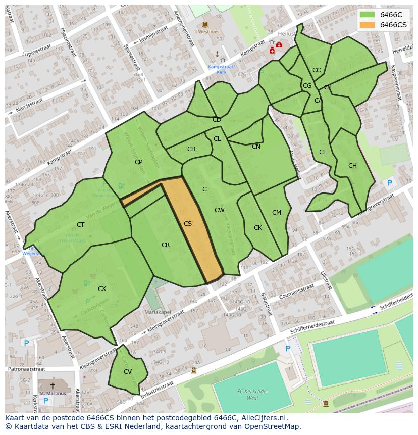 Afbeelding van het postcodegebied 6466 CS op de kaart.