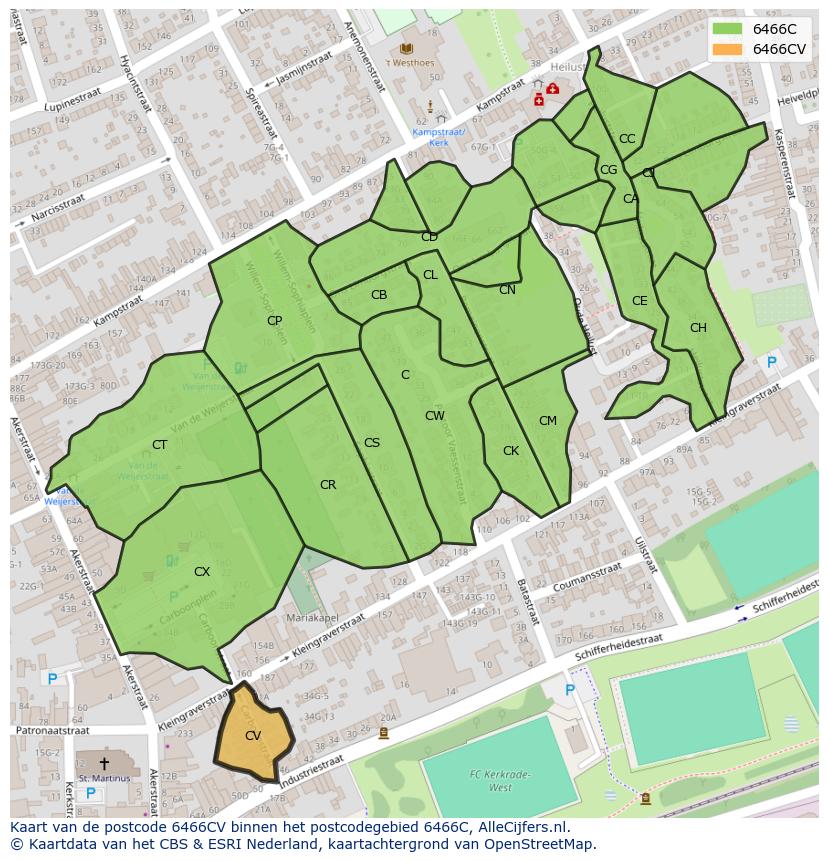Afbeelding van het postcodegebied 6466 CV op de kaart.