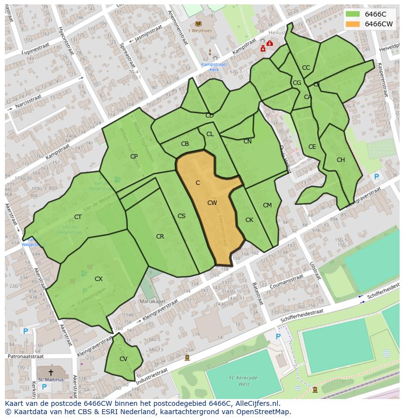 Afbeelding van het postcodegebied 6466 CW op de kaart.